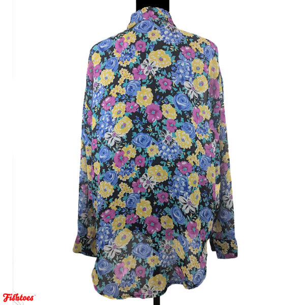 Vintage Polyester Long Button Up Floral Flower Collared Long Sleeve Shirt Women's Medium