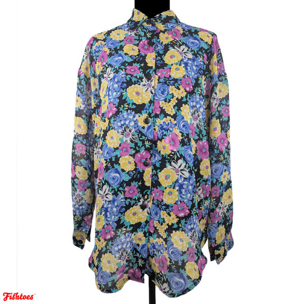 Vintage Polyester Long Button Up Floral Flower Collared Long Sleeve Shirt Women's Medium Thrift Fishtoes