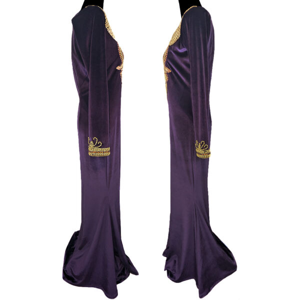 Vintage Purple Velvet Full Length Dress Gold Beaded Women's Small