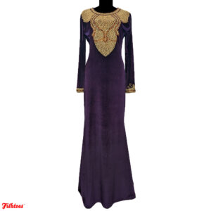 Vintage Purple Velvet Full Length Dress Gold Beaded Women's Small Thrift Fishtoes