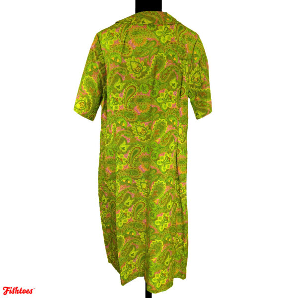 60's Bright Green Paisley Button Up Collared Short Sleeve Dress Women's XL