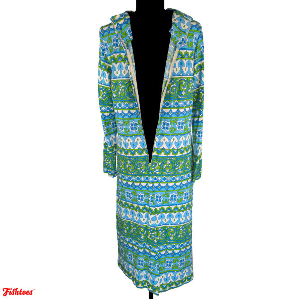 60's Long Sleeve Green Blue White Patterned Print Long Zip Up Dress Women's Medium