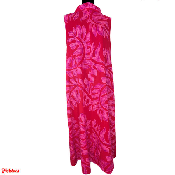 60's Vintage Lord & Taylor Red Pink Leaves Print Patterned Sleeveless Full Length Dress Women's Small Thrift Fishtoes