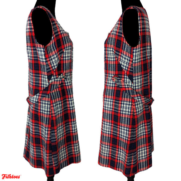 60's 70's Vintage Red Black White Buttons Sleeveless Mini Dress Women's Medium Plaid Houndstooth