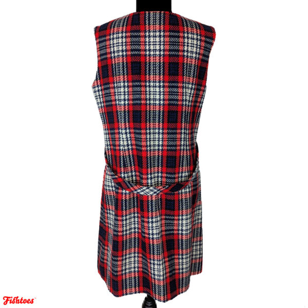 60's 70's Vintage School Girl Red Black White Buttons Sleeveless Mini Dress Women's Medium Plaid Houndstooth