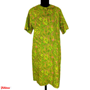 Anne Garson 60's Vintage Bright Green Paisley Button Up Collared Short Sleeve Dress Women's XL Thrift Fishtoes