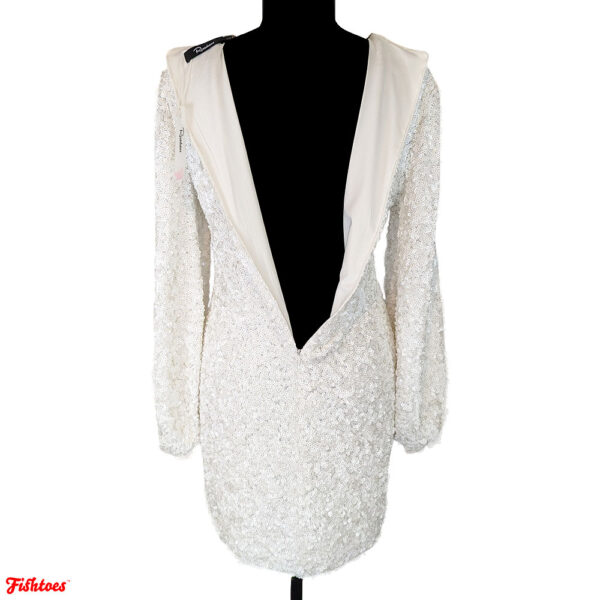 Crewneck White Sequin Long Sleeve Short Party Dress Women's Large