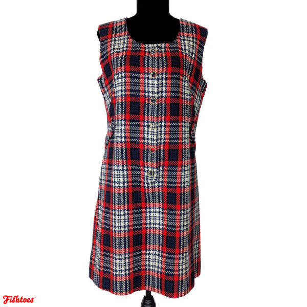 J Harlan Vintage Red Black White Buttons Sleeveless Mini Dress Women's Medium 60's 70's Plaid Houndstooth