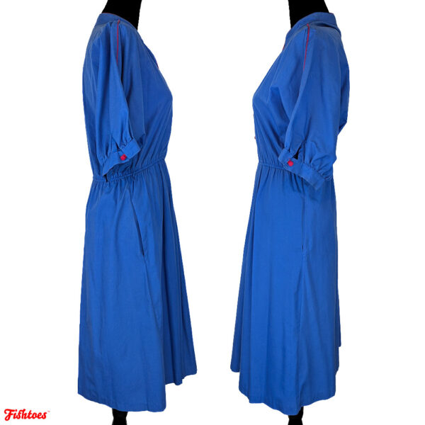 Jordache Vintage Blue Dress Red Piping Short Sleeve Full Length Cinched Waist Pockets Women's Size 11 12 Large Thrift Fishtoes
