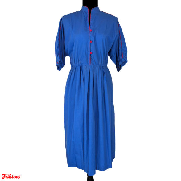Jordache Vintage Blue Dress Red Piping Short Sleeve Full Length Women's Size 11 12 Large Thrift Fishtoes