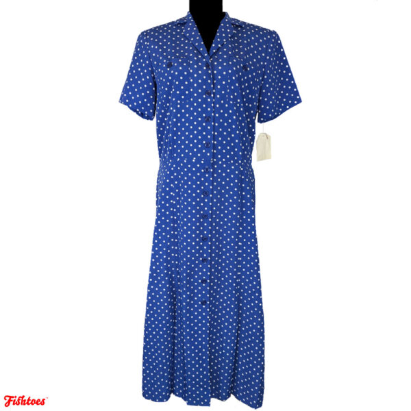 Leslie Fay Vintage Blue White Polka Dot Short Sleeve Full Length Collared Button Dress Women's 14 Large Thrift Fishtoes