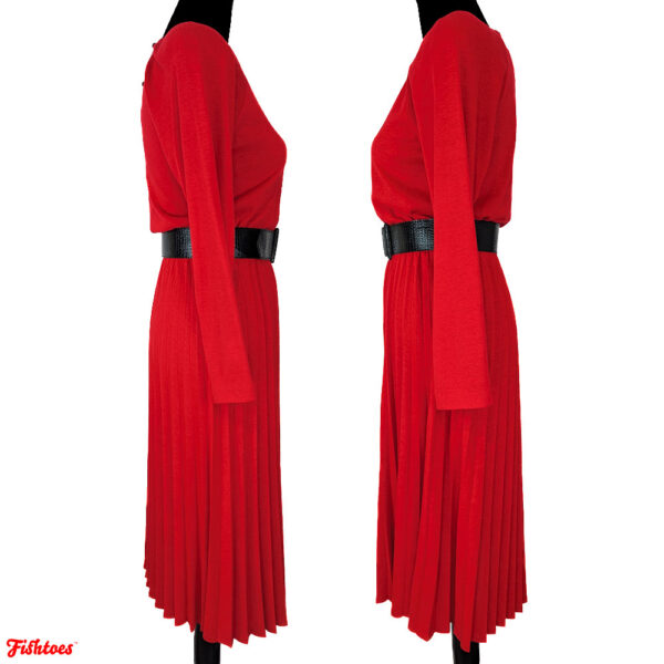 Manikin Vintage Red Full Length Pleated Belted Long Sleeve Dress Women's 6 Small