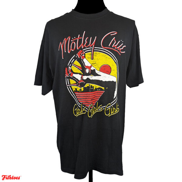 Motley Crue Girls Girls Girls Heels Black Red Yellow Legs Graphic Printed T-Shirt Men's XL Thrift Fishtoes