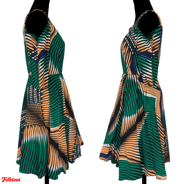 Orange Green Black Geometric Peek A Boo Shoulders Zip Up Dress Women's Small