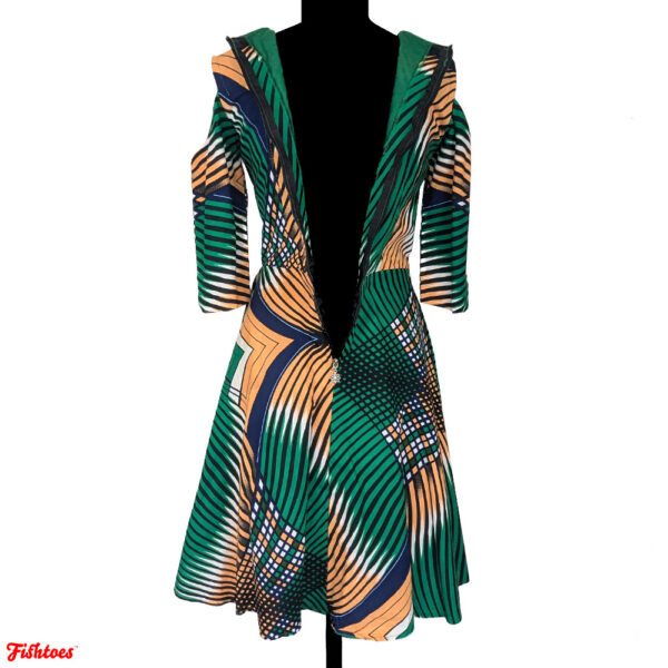 Orange Green Black White Geometric Patterned Peek A Boo Shoulders Zip Up Dress Women's Small