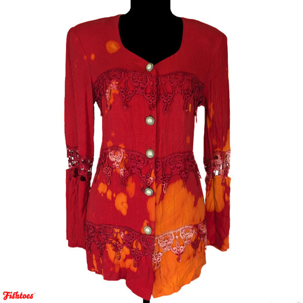 Red Orange Tie Dye Button Up Lace Peek A Boo Top Blouse Hippie Women's Medium Thrift Fishtoes