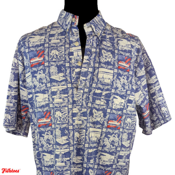 USS Arizona Print Hilo Hatties Hawaii Hawaiian Red White Blue Short Sleeve Button Up Shirt Men's XL