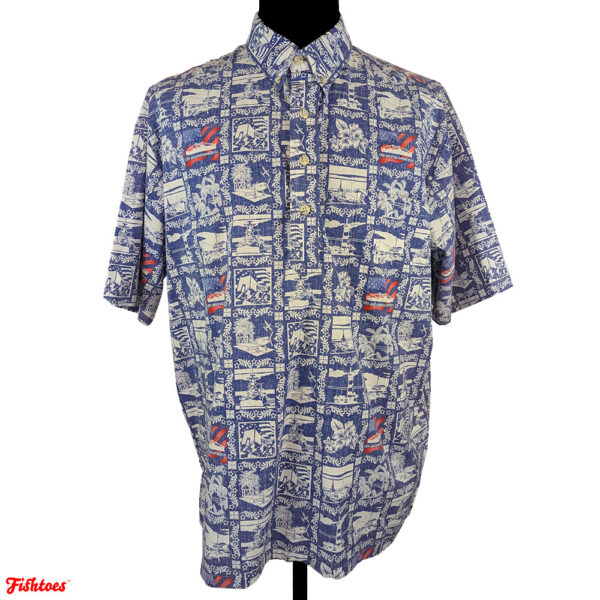 USS Arizona Print Patterned Hilo Hatties Hawaii Hawaiian Red White Blue Short Sleeve Button Up Shirt Men's XL Thrift Fishtoes