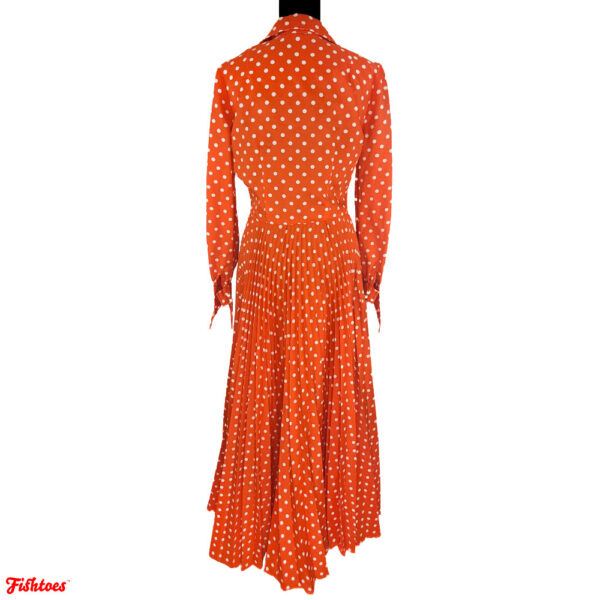 Vintage 1950's Orange White Polka Dot Button Up Collar Long Sleeve Full Length Dress Women's Medium