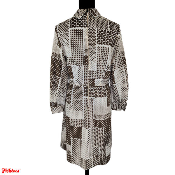 Vintage 60's R & K Knits Brown White Cream Arrow Squares Patterned Patchwork Long Sleeve Turtleneck Zip Up Dress Women's Small Thrift Fishtoes