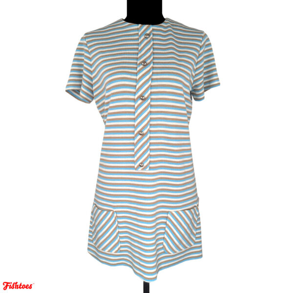 Vintage 60's Short Sleeve Baby Blue Tan White Striped Mini Dress Women's XS