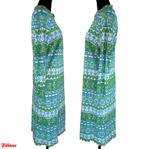 Vintage 60's Long Sleeve Green Blue White Patterned Print Long Dress Women's Medium