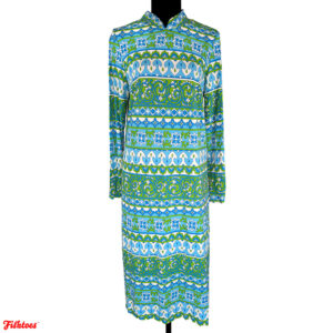 Vintage 60's Long Sleeve Green Blue White Patterned Print Long Dress Women's Medium Thrift Fishtoes