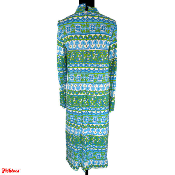 Vintage 60's Long Sleeve Green Blue White Patterned Print Long Zip Up Dress Women's Medium