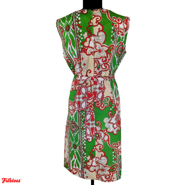 Vintage Patterned Belted Sleeveless Dress Women's Medium