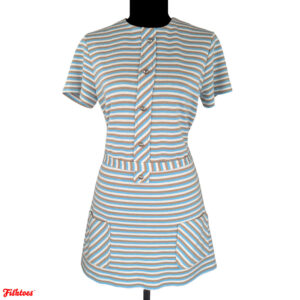 Vintage 60's Queen Casuals Short Sleeve Baby Blue Tan White Striped Mini Dress Women's XS Thrift Fishtoes