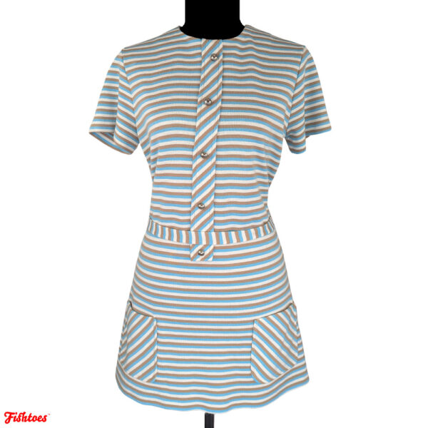 Vintage 60's Queen Casuals Short Sleeve Baby Blue Tan White Striped Mini Dress Women's XS Thrift Fishtoes