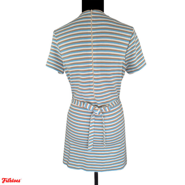 Vintage 60's Queen Casuals Short Sleeve Baby Blue Tan White Striped Mini Dress Women's XS