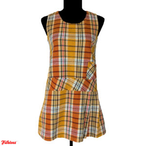 Authentic True Vintage 60's 1960's Yellow Orange White Black Plaid Houndstooth Pattern Sleeveless Mini Romper Jumper Overall Dress Women's Size XS Thrift Fishtoes