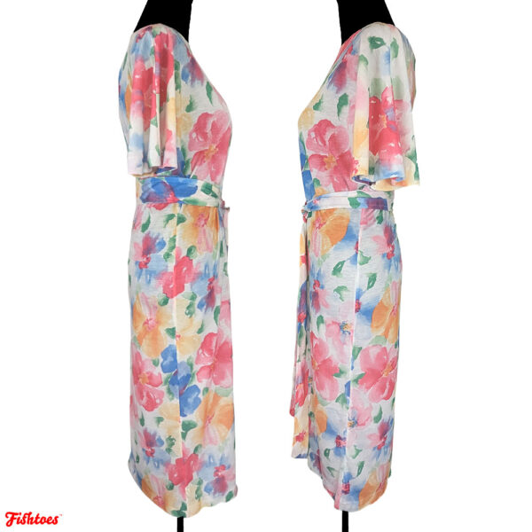 Vintage 80's Floral Flowers Printed Butterfly Sleeves Long Tie Dress Women's Medium Thrift Fishtoes