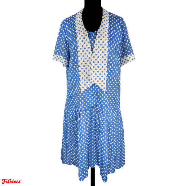 Vintage Baby Blue White Polka Dot Button Up Short Sleeve Dress Lavalliere Dress Women's Large