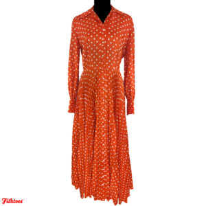 Vintage Beverly Paige 50's Orange White Polka Dot Button Up Collar Long Sleeve Full Length Dress Women's Medium Thrift Fishtoes