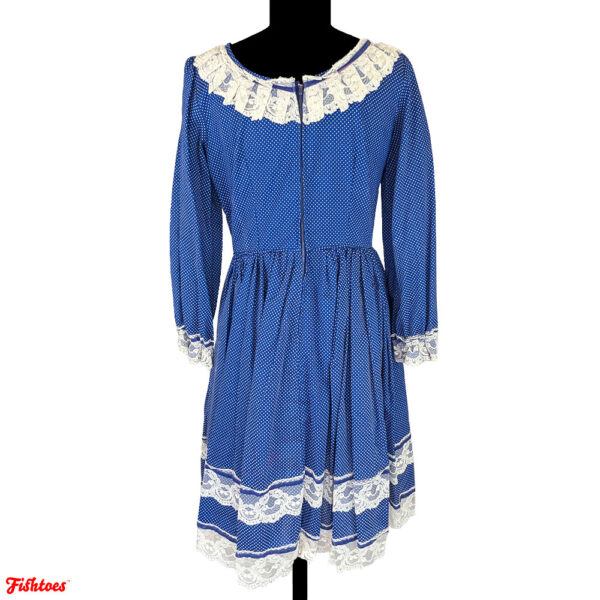 Vintage Blue White Polka Dot Lace Trimmed Dress Women's Medium