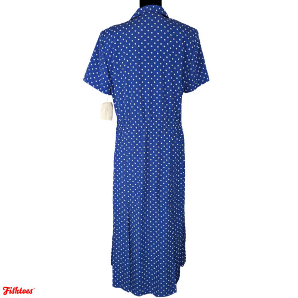 Vintage Blue White Polka Dot Short Sleeve Full Length Collared Button Dress Women's 14 Large