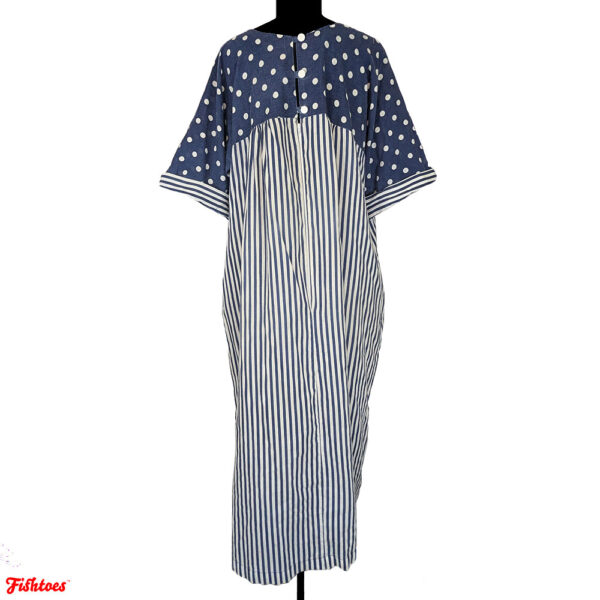 Vintage Blue & White Polka Dots & Stripes Short Sleeve Moo Moo Empire Dress Women's XL