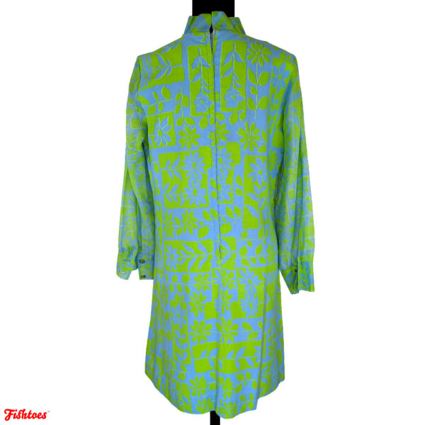 Vintage Bright Green Blue Floral 60's Print Long Sleeve Short Dress Women's Medium