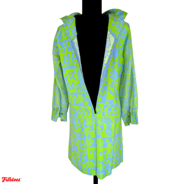 Vintage Bright Green Blue Floral 60's Print Long Sleeve Short Zip Up Dress Women's Medium