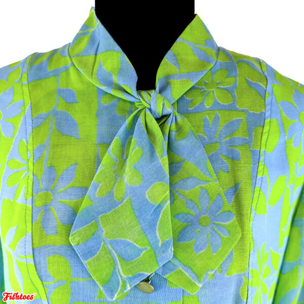 Vintage Bright Green Blue Floral 60's Print Ascot Lavaliere Bow Women's Medium