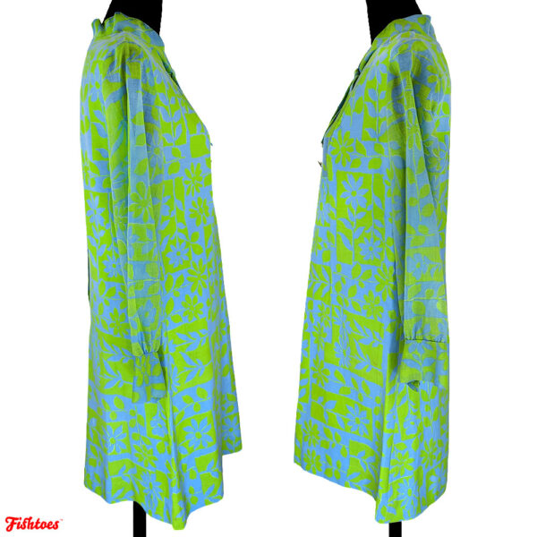 Vintage Bright Green Blue Floral 60's Print Long Sleeve Short Dress Ascot Lavaliere Bow Women's Medium