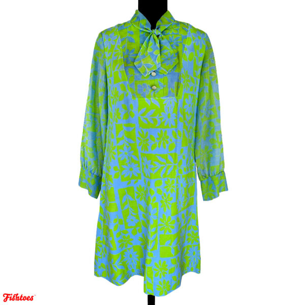 Vintage Bright Green Blue Floral 60's Print Long Sleeve Short Dress Ascot Lavaliere Bow Women's Medium Thrift Fishtoes