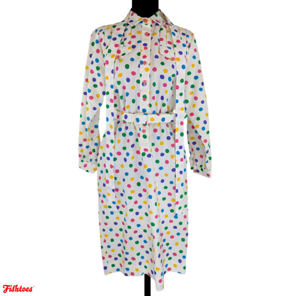 Vintage Don Elliot Sports Dress I Magnin White Rainbow Polka Dots Corduroy Long Sleeve Pocket Collared Button Up Short Dress Size 8 Small