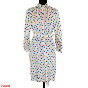 Vintage Don Elliot Sports Dress I Magnin White Rainbow Polka Dots Corduroy Long Sleeve Pocket Collared Button Up Short Dress Size 8 Small Thrift Fishtoes