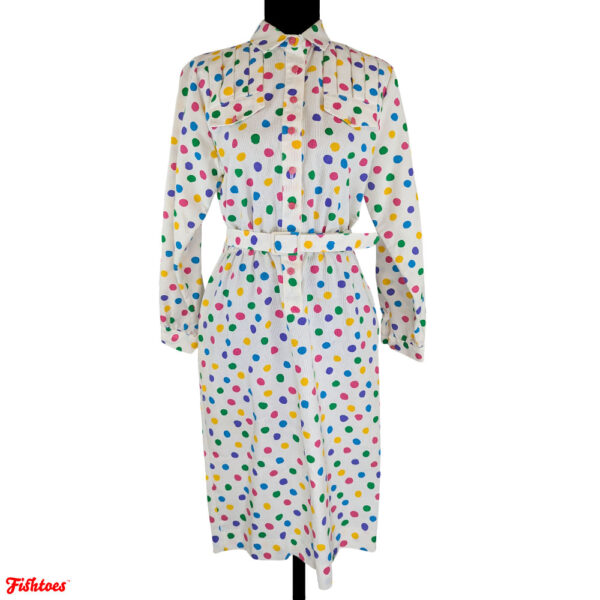 Vintage Don Elliot Sports Dress I Magnin White Rainbow Polka Dots Corduroy Long Sleeve Pocket Collared Button Up Short Dress Size 8 Small Thrift Fishtoes