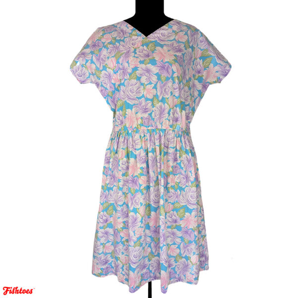 Vintage Floral Pastel Smock Short Sleeve Midi Dress Elastic Waistband Women's XL Thrift Fishtoes