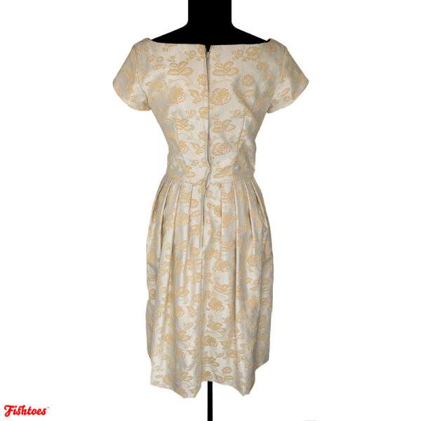 Vintage 50's Hollywood Embossed Gold Floral Short Sleeve Pleated Zip Up Midi Dress Bow Women's Small