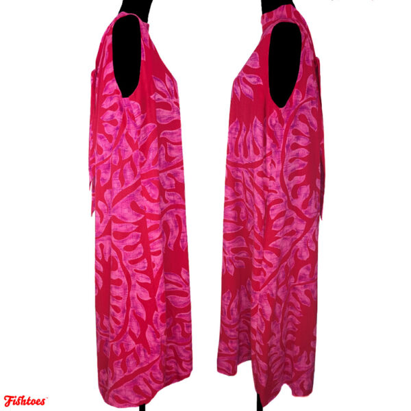 60's Vintage Lord & Taylor Red Pink Leaves Print Patterned Sleeveless Full Length Dress Women's Small